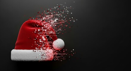 Santa hat dissolving into glowing particles with glitch effect on dark futuristic background.