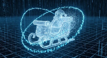 Holographic wireframe Santa sleigh glowing in blue neon over digital grid landscape.