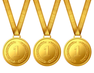 Three golden medals hanging. Each medal shows a laurel wreath and the number one on the center