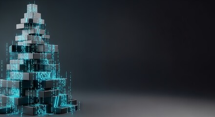 Geometric Christmas tree sculpture built from transparent cubes glowing in teal digital light.
