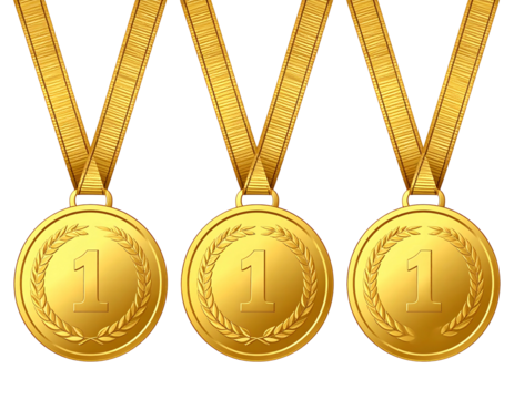 Three golden medals hanging. Each medal shows a laurel wreath and the number one on the center