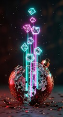 Futuristic glass ornament releasing glowing digital cubes in neon vaporwave colors.