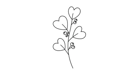 A delicate black line drawing of a branch with heart-shaped leaves and small berries.