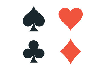 Complete set of classic playing card suit symbols including hearts, diamonds, clubs, and spades in modern flat vector style for casino, poker, gambling, and card game design projects.