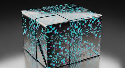 Futuristic gift box with glowing circuit pattern and chrome material in cyber aesthetic.