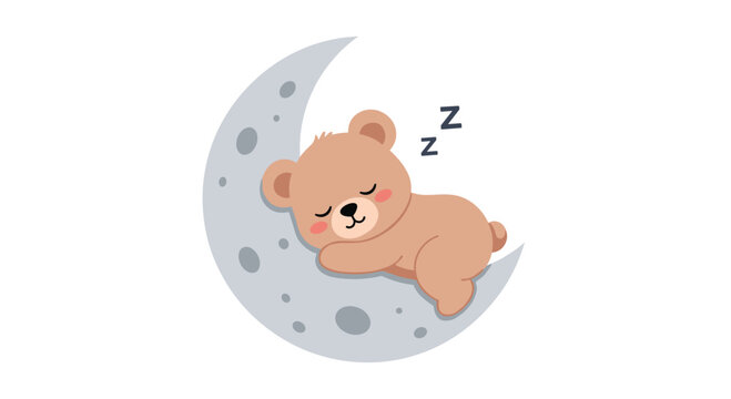 Cute sleepy teddy bear rests on the moon with zzz symbols above.