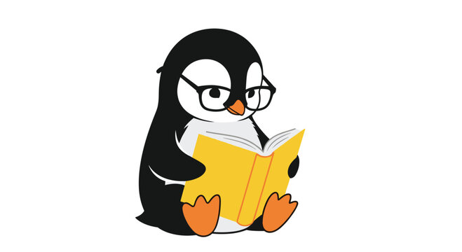 Cute cartoon penguin wearing glasses and reading a yellow book.