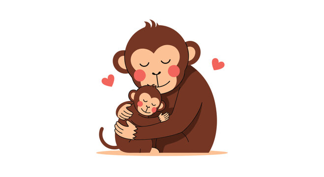 Cute mother and baby monkeys hugging with hearts floating around them.