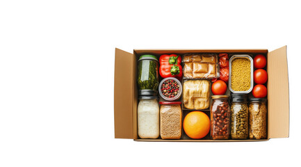 Box of fruits, veggies, and shelf-stable foods, created with AI