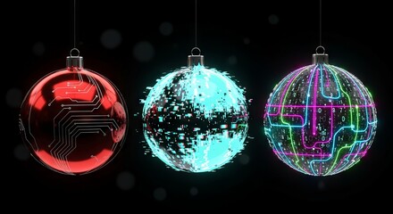 Trio of glowing ornaments in red, turquoise, and magenta with circuit and glitch patterns.