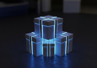 Futuristic glowing cubes forming geometric Christmas tree with neon blue lights.