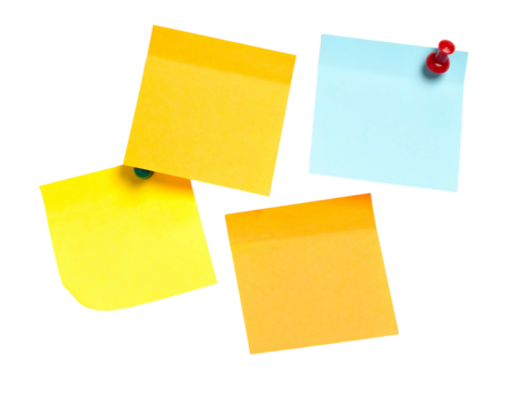 Four sticky notes, yellow, blue and orange, pinned to a dark surface. Workspace or creative concept