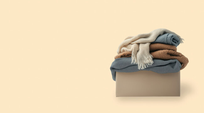 Clothes neatly folded and stacked in a donation box, created with AI - Powered by Adobe
