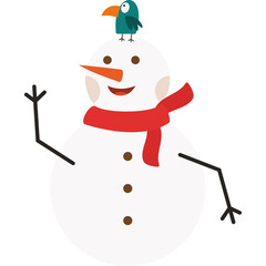 Cartoon Snowman Wearing a Red Scarf and a Teal Bird on its Head Waving its Arm on a Transparent Background
