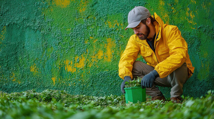 Volunteer planting greenery in community garden setting, created AI