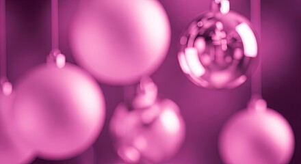 Close-up of pink metallic Christmas ornaments with glossy reflections and cyber color tone.