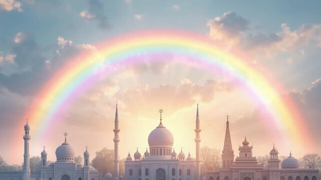 Rainbow Over Skyline of Temples for World Religion Day Celebration