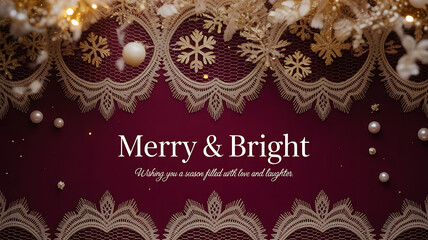 Festive holiday greeting card with gold lace, snowflakes, and pearls on a deep red background
