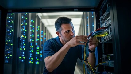 Man working in a server room, connecting cables to network hardware in a data center - Powered by Adobe