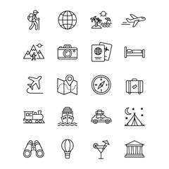 Obraz premium Minimalist Travel and Adventure Line Icons Set — Tourism Elements Vector Collection