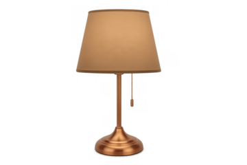 Table lamp with a beige lampshade and bronze base, providing illumination and decor, isolated on a transparent background