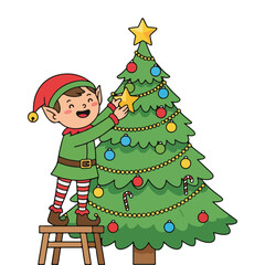 Cute Christmas elf decorating tree