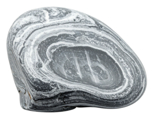 Striated grey stone. Roundish shape, grey bands alternate with white. Mottled core. Isolated on black. Close-up studio shot