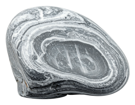 Striated grey stone. Roundish shape, grey bands alternate with white. Mottled core. Isolated on black. Close-up studio shot