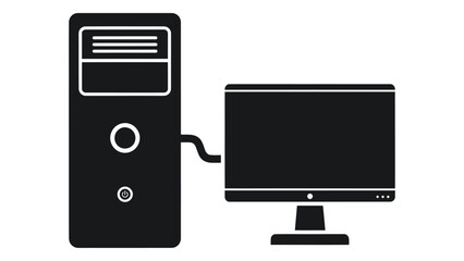 A black and illustration of a desktop computer tower and monitor, on