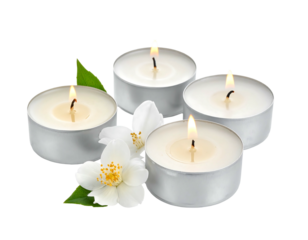 Four tealight candles arranged with white jasmine flowers and green leaves, on a dark, transparent background