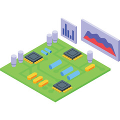 Green Circuit Board with Microchips and Data Charts Illustrating Technology and Analytics