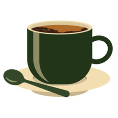 Green Coffee Cup With Spoon And Saucer On White Background Pixel Art Style