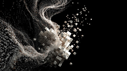 A storm of digital particles coalesces into a floating geometric sculpture, glowing and dynamic. The hyperrealistic scene symbolizes technology, creativity, and the formation of order from digital cha