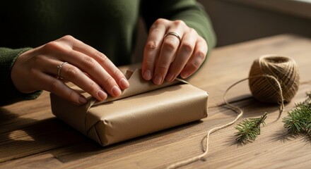 Hands wrapping eco friendly Christmas gift with brown kraft paper and natural twine.
