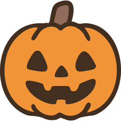 A friendly cartoon pumpkin face with carved features and a brown stem set against a transparent background perfect for Halloween decorations and designs