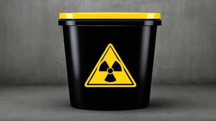 Black Waste Container with Yellow Lid and Radiation Symbol