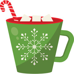 Green Ceramic Mug Decorated With White Snowflake Design Filled With Hot Chocolate Topped With Marshmallows And A Candy Cane Stick Festive Holiday Drink