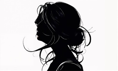 Naklejka premium A bold black silhouette of a woman in profile, with long hair flowing dramatically against a stark white background evoking freedom, motion, and elegance.
