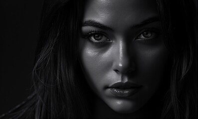 Fototapeta premium A dramatic black-and-white close-up of a womans face, illuminated by stark contrast lighting that highlights her intense gaze and glossy skin texture against deep shadows.