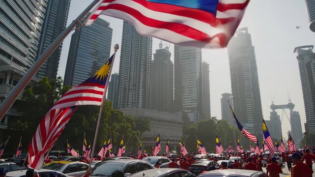 Malaysian flags waving with a large crowd and cars in a city street, towering skyscrapers forming the backdrop under a bright sun delivering patriotism and unity