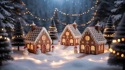 Gingerbread houses in a snowy winter scene with festive lights and decorated trees