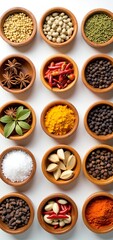 Fototapeta premium A vibrant array of global spices and herbs arranged in wooden bowls, showcasing rich colors and texturesfrom turmeric and cumin to star anise and chili flakesperfect for culinary inspiration or spice 