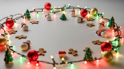 Christmas decorations arranged in a circular pattern with lights, ornaments, and figurines on a white surface