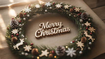 Christmas wreath with pine branches, ornaments, and 'Merry Christmas' sign on wooden surface