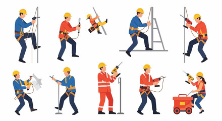 Fototapeta premium Illustration of construction workers using various tools and safety equipment while performing their jobs in a variety of situations.