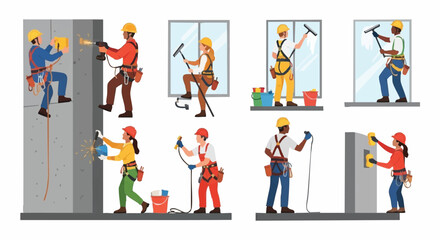 Obraz premium Diverse construction and maintenance workers performing various tasks, including window washing, wall repair, and climbing, showcasing teamwork and safety.
