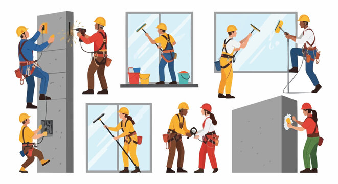 Diverse window cleaners and construction workers wearing safety harnesses and helmets perform various tasks in different settings, vector illustration.