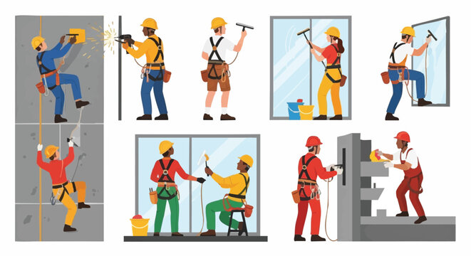 Diverse construction workers performing various tasks, including window washing, wall repair, and industrial maintenance, in a vibrant illustration.