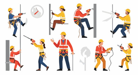 A team of construction workers wearing safety gear drills into walls and structures, showing different perspectives of their work.