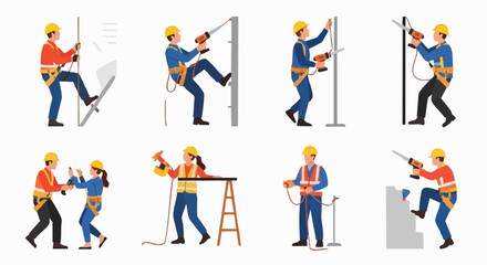 Construction workers in various safety harnesses and hard hats, performing tasks like drilling and climbing, illustrating workplace safety and construction.